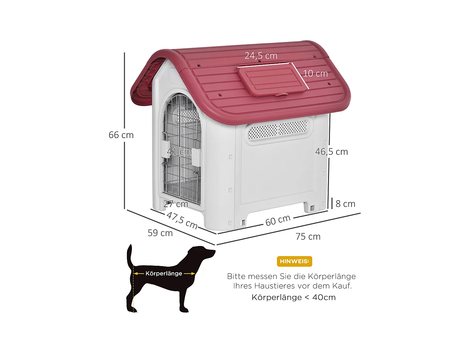 Cabane pour chien extérieure avec lucarne et porte, plastique résistant, rouge, design classique (59x75x66cm)