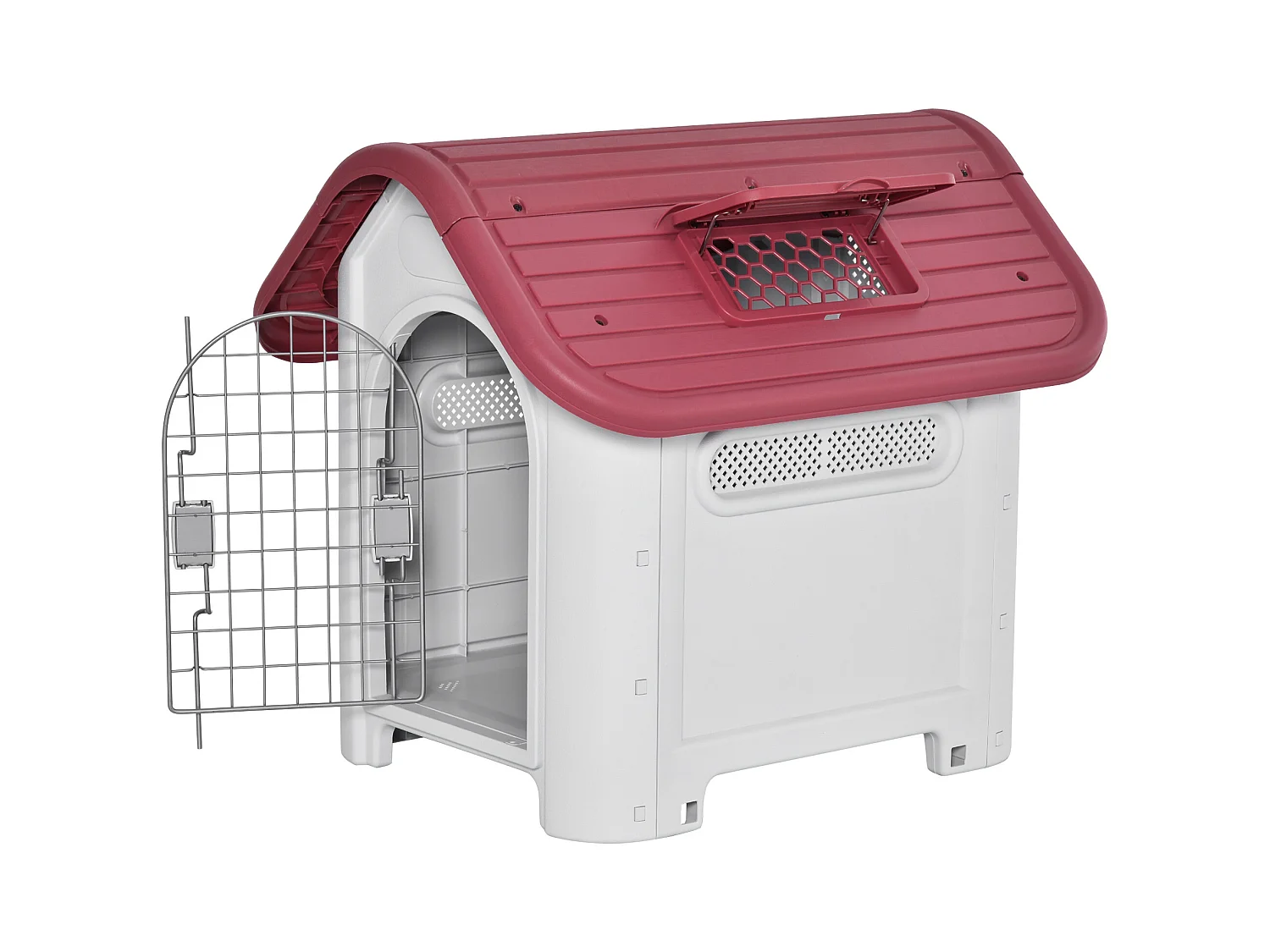 Cabane pour chien extérieure avec lucarne et porte, plastique résistant, rouge, design classique (59x75x66cm)