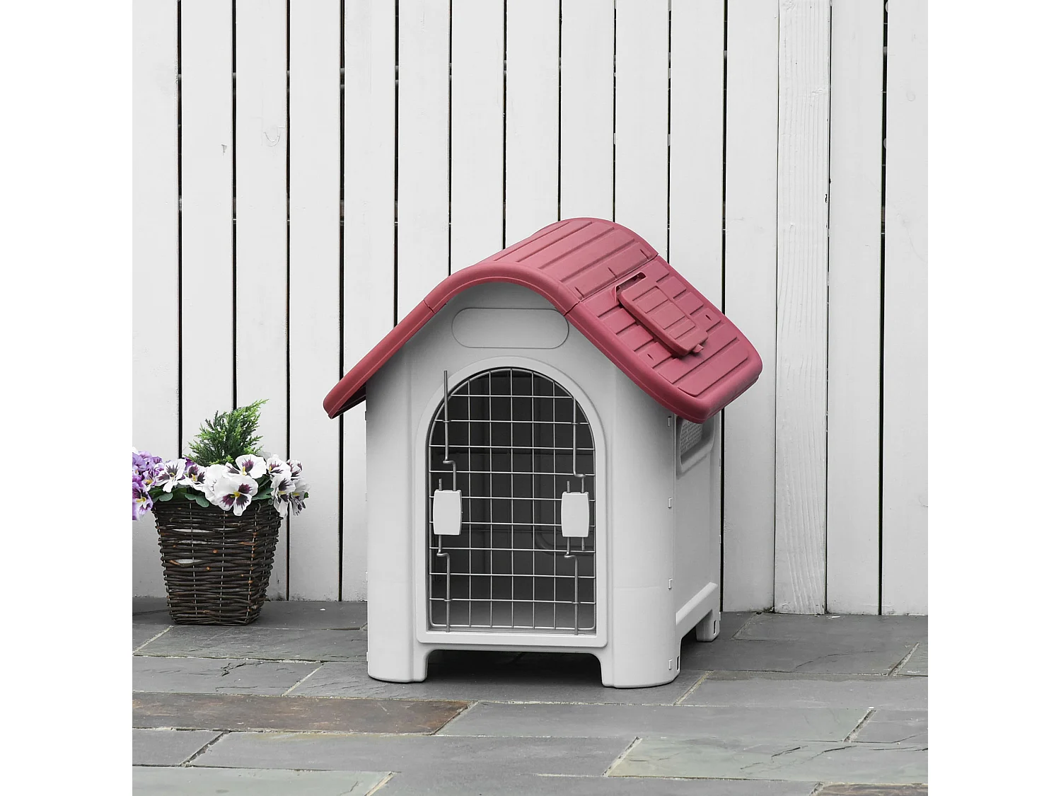 Cabane pour chien extérieure avec lucarne et porte, plastique résistant, rouge, design classique (59x75x66cm)