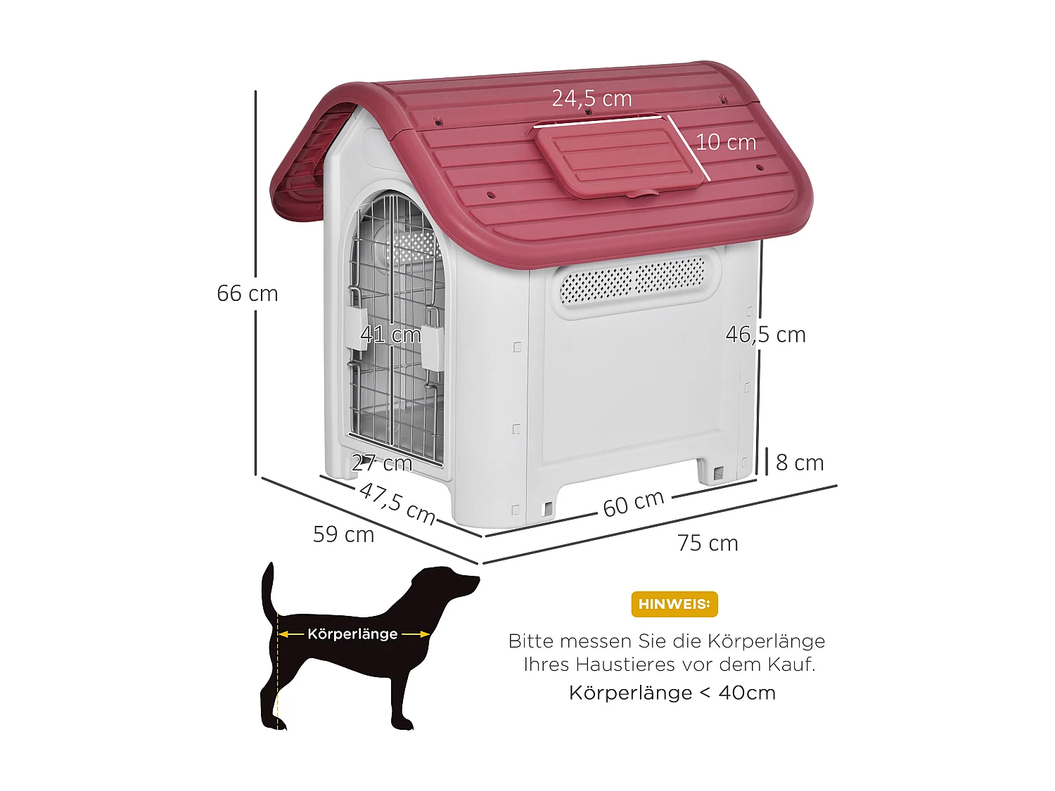 Cabane pour chien extérieure avec lucarne et porte, plastique résistant, rouge, design classique (59x75x66cm)