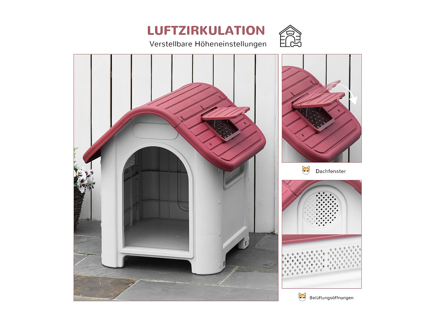 Cabane pour chien extérieure avec lucarne et porte, plastique résistant, rouge, design classique (59x75x66cm)