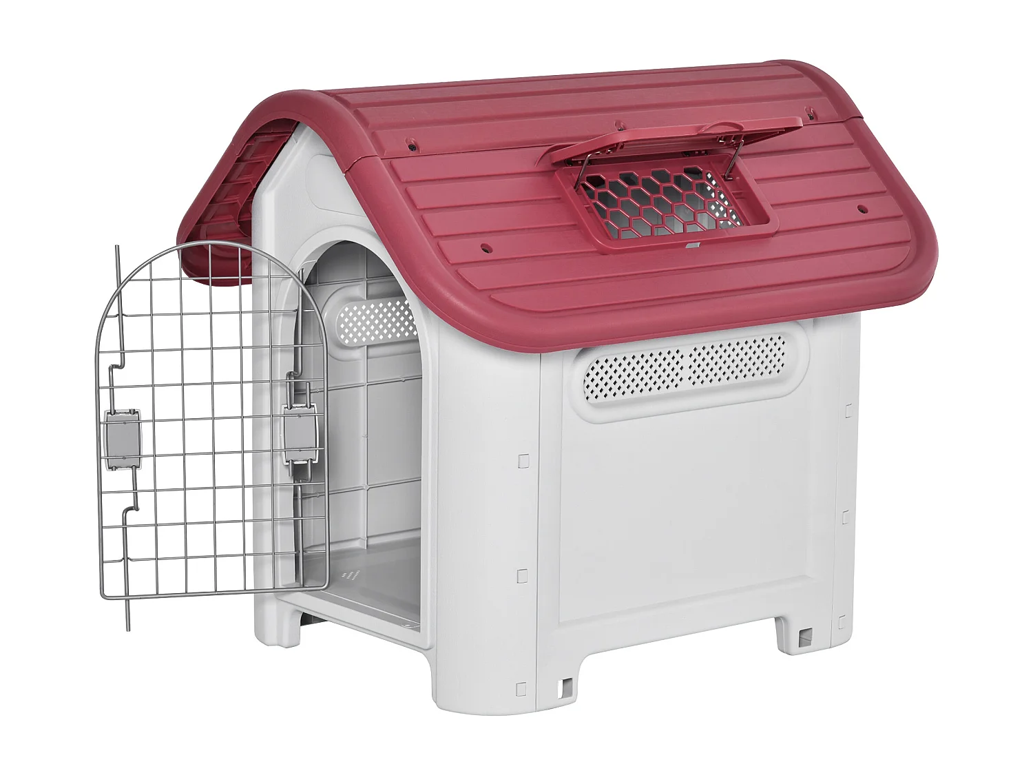 Cabane pour chien extérieure avec lucarne et porte, plastique résistant, rouge, design classique (59x75x66cm)