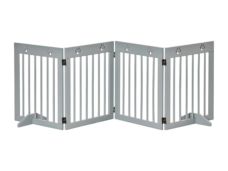 Barrière pour chien pliable 4 panneaux, en bois, gris clair, avec pieds de support (204x30x61cm)