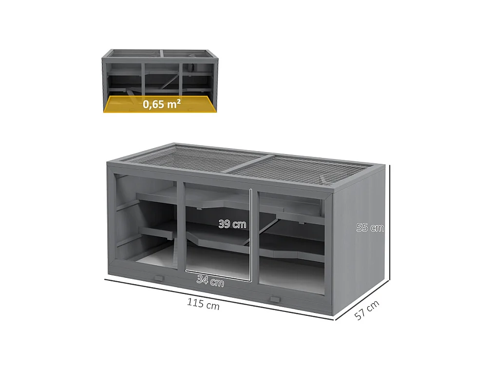 Cage pour hamster nain, habitat 3 étages avec escaliers, en bois, gris (115x57x55cm)