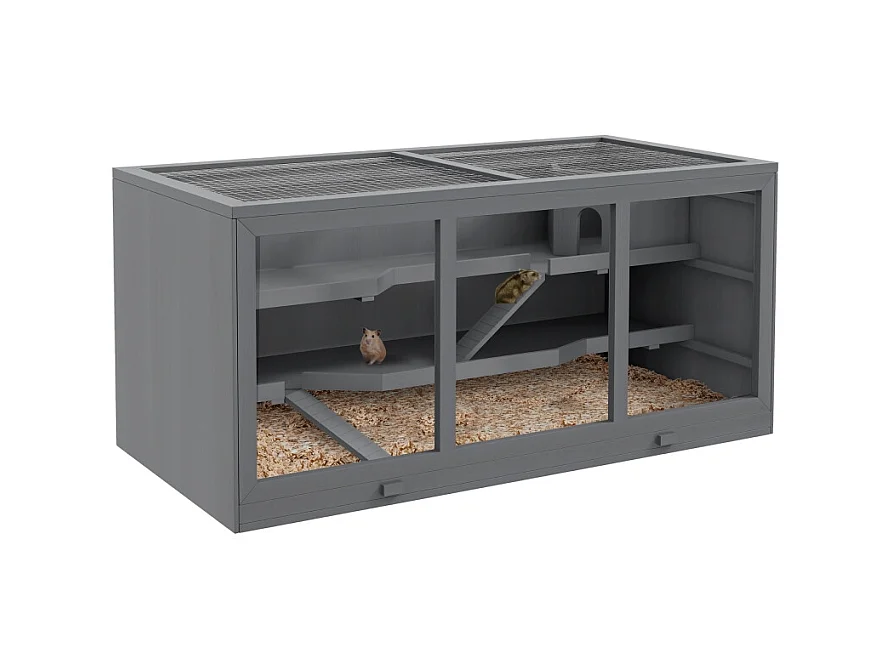 Cage pour hamster nain, habitat 3 étages avec escaliers, en bois, gris (115x57x55cm)