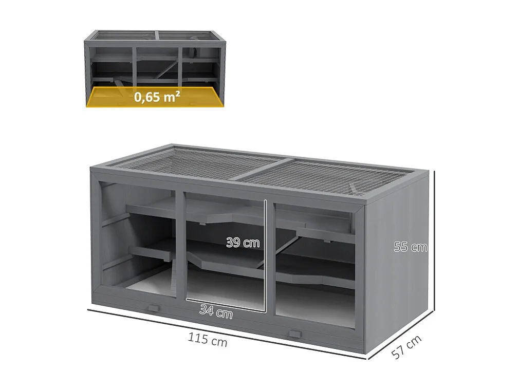 Cage pour hamster nain, habitat 3 étages avec escaliers, en bois, gris (115x57x55cm)