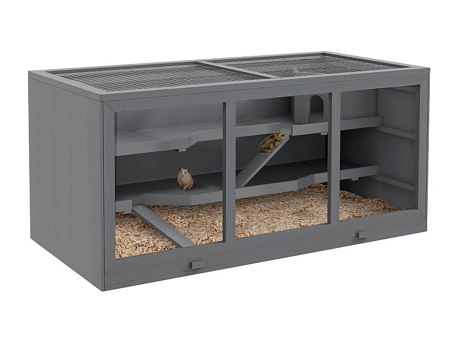 Cage pour hamster nain, habitat 3 étages avec escaliers, en bois, gris (115x57x55cm)