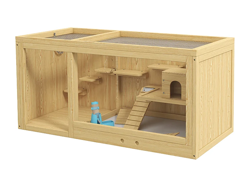Cage pour hamster en bois, avec balançoires, échelles et toit ouvrant, pour gerbilles, naturel (100x50x50cm)