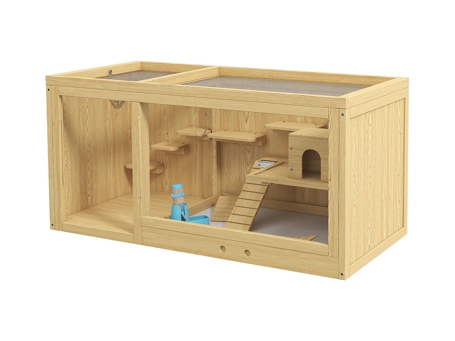 Cage pour hamster en bois, avec balançoires, échelles et toit ouvrant, pour gerbilles, naturel (100x50x50cm)