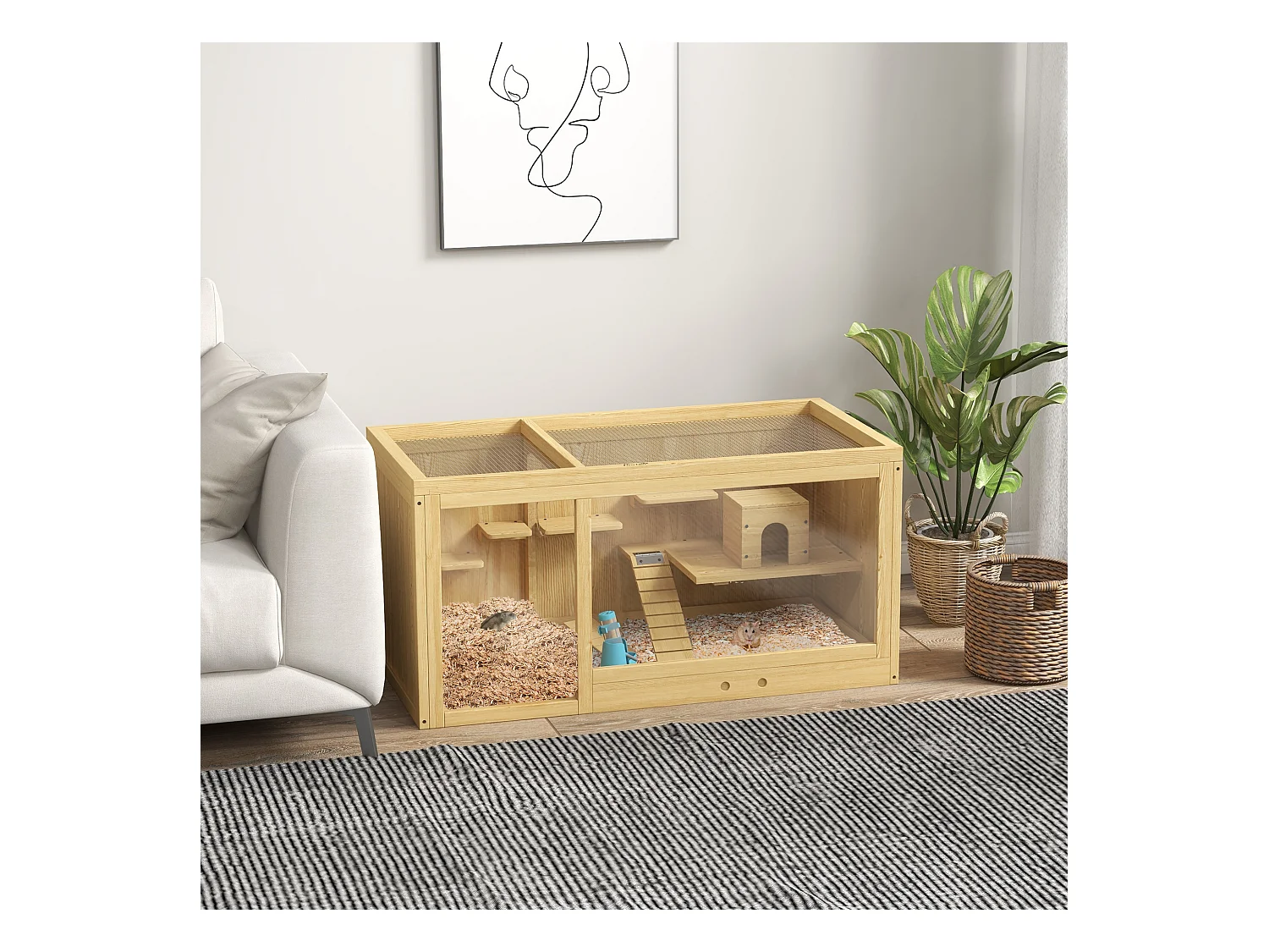 Cage pour hamster en bois, avec balançoires, échelles et toit ouvrant, pour gerbilles, naturel (100x50x50cm)