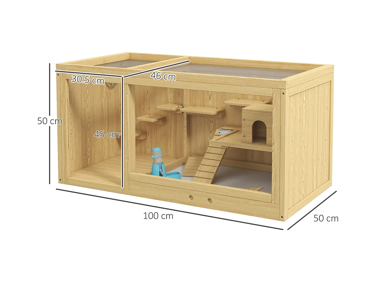 Cage pour hamster en bois, avec balançoires, échelles et toit ouvrant, pour gerbilles, naturel (100x50x50cm)