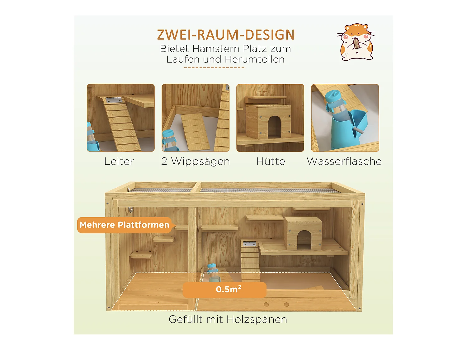 Cage pour hamster en bois, avec balançoires, échelles et toit ouvrant, pour gerbilles, naturel (100x50x50cm)