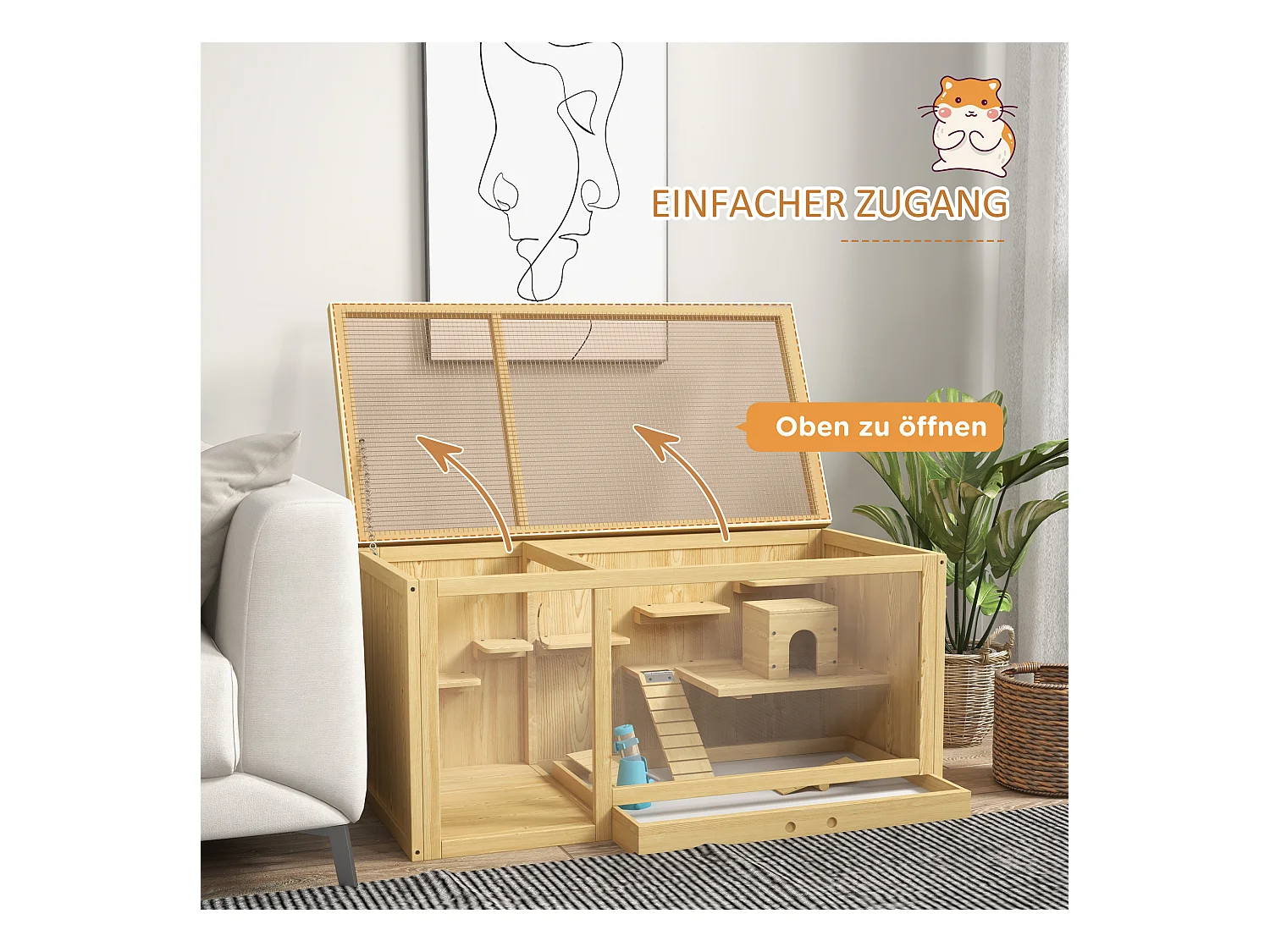 Cage pour hamster en bois, avec balançoires, échelles et toit ouvrant, pour gerbilles, naturel (100x50x50cm)