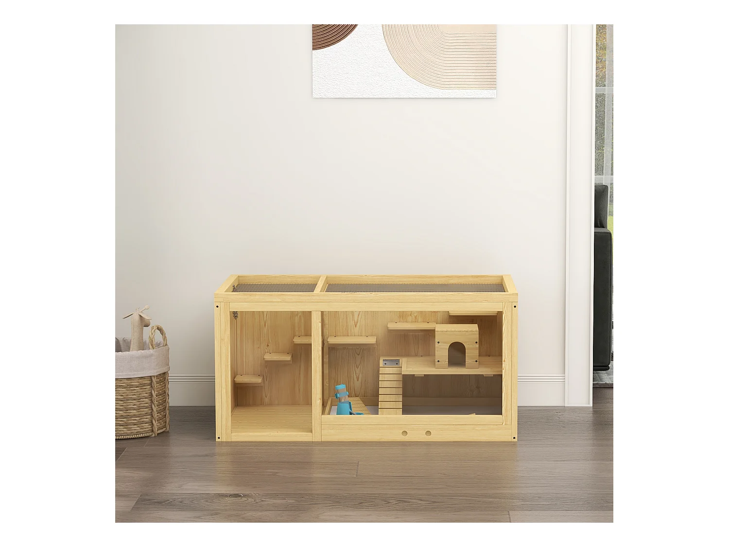 Cage pour hamster en bois, avec balançoires, échelles et toit ouvrant, pour gerbilles, naturel (100x50x50cm)