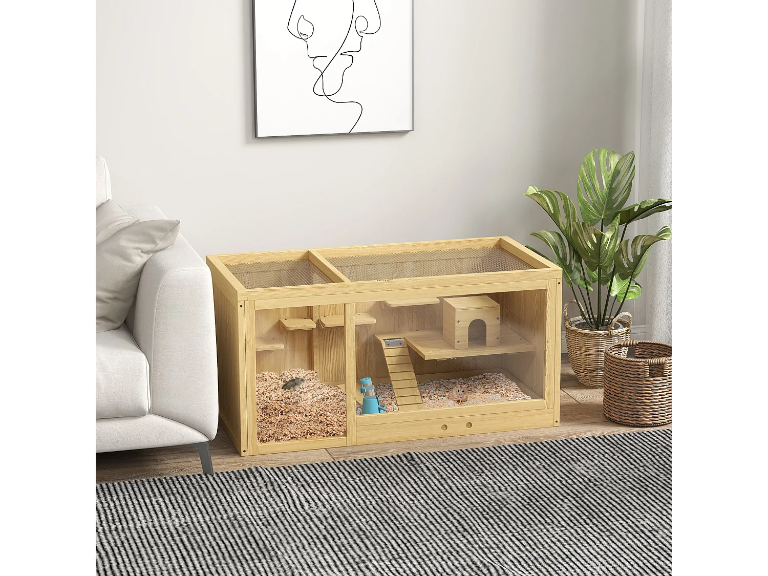 Cage pour hamster en bois, avec balançoires, échelles et toit ouvrant, pour gerbilles, naturel (100x50x50cm)