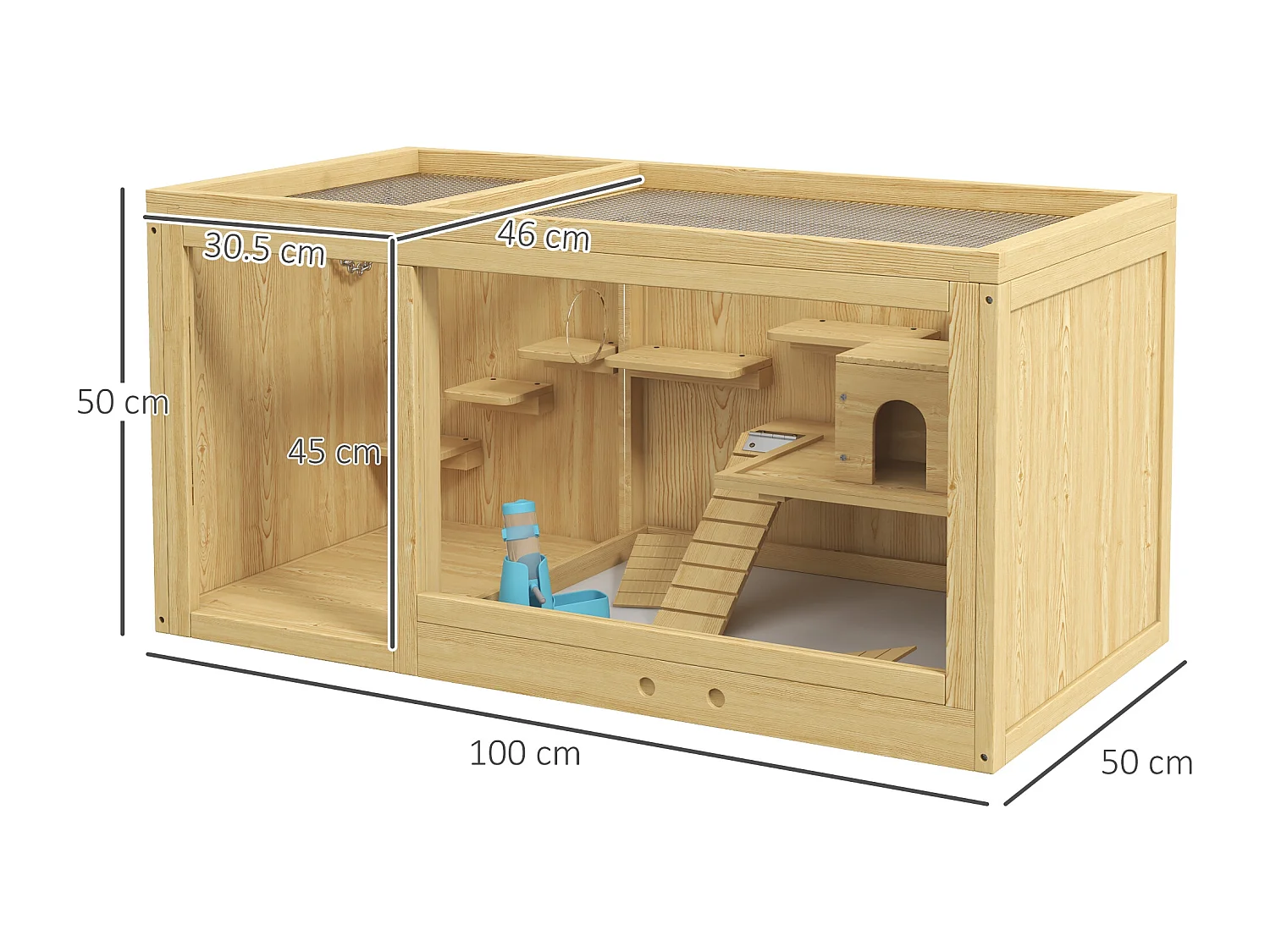 Cage pour hamster en bois, avec balançoires, échelles et toit ouvrant, pour gerbilles, naturel (100x50x50cm)