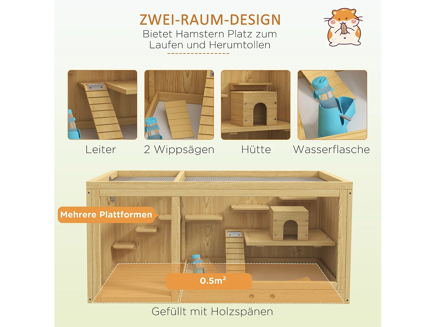 Cage pour hamster en bois, avec balançoires, échelles et toit ouvrant, pour gerbilles, naturel (100x50x50cm)