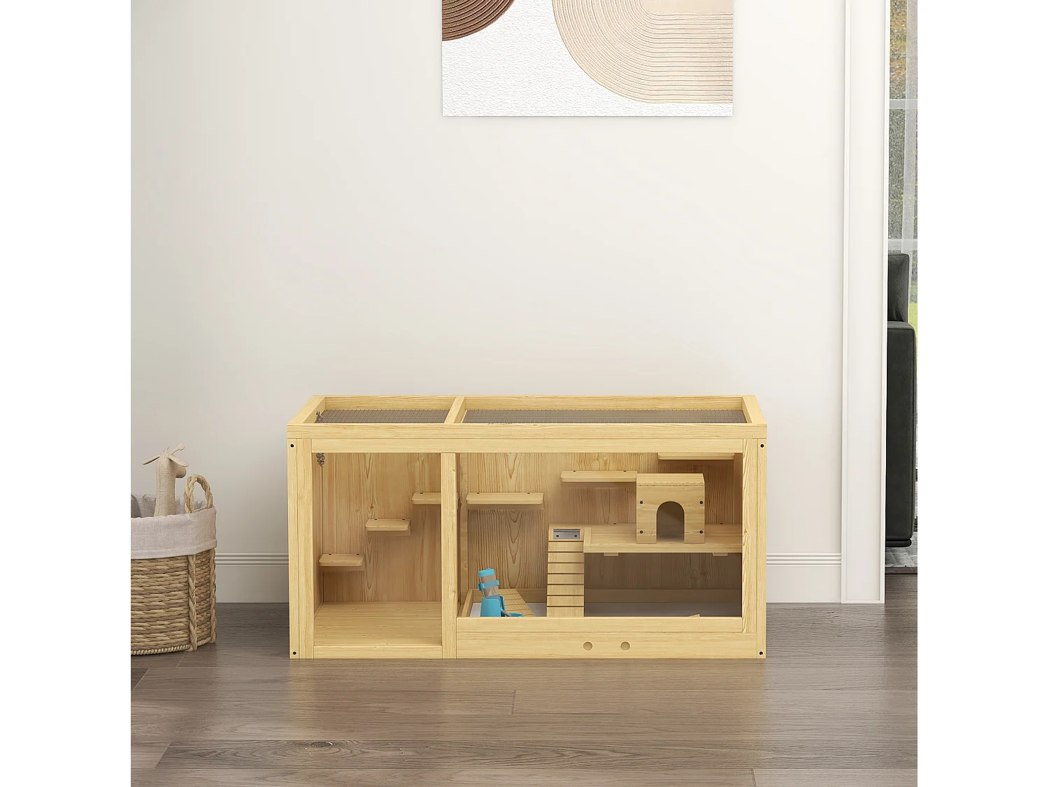 Cage pour hamster en bois, avec balançoires, échelles et toit ouvrant, pour gerbilles, naturel (100x50x50cm)