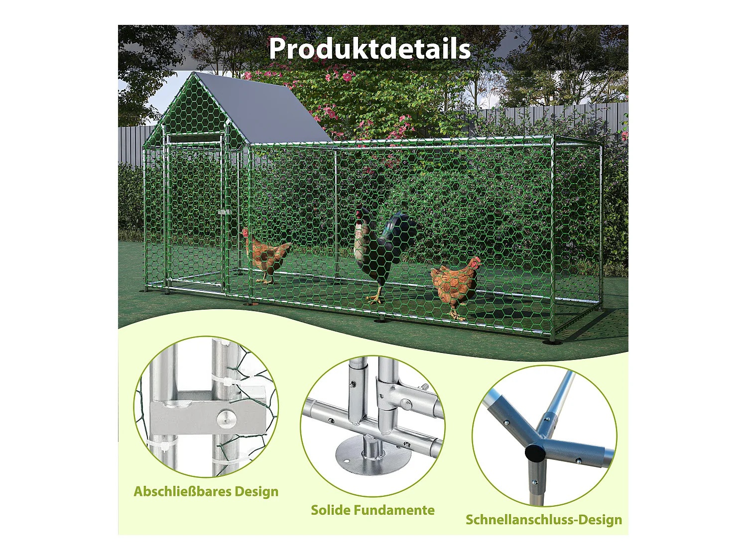 Enclos extérieur volaille, métal, bâche PE étanche, serrure, argenté (300x100x150cm)