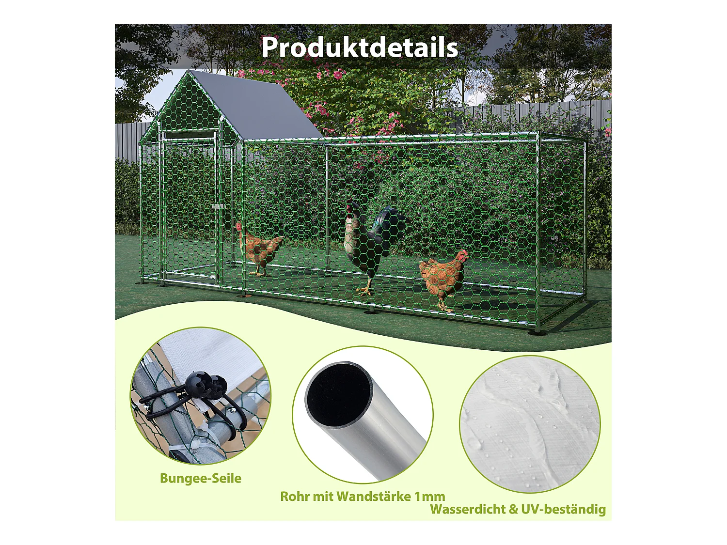 Enclos extérieur volaille, métal, bâche PE étanche, serrure, argenté (300x100x150cm)