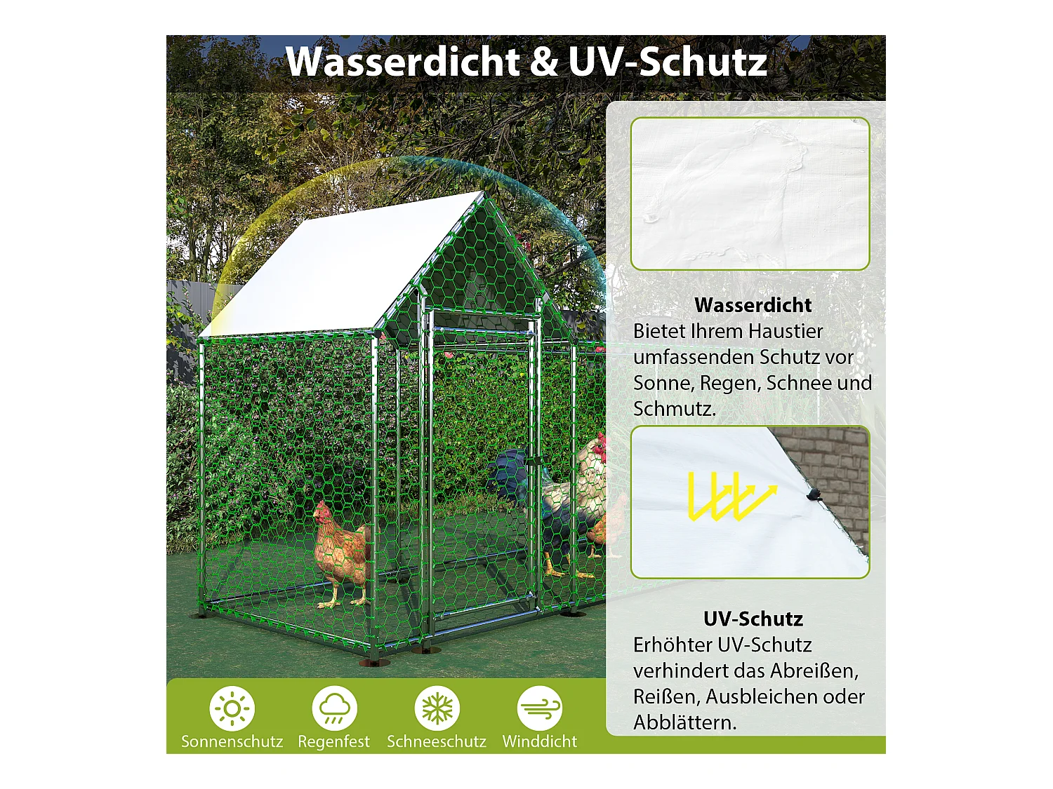 Enclos extérieur volaille, métal, bâche PE étanche, serrure, argenté (300x100x150cm)