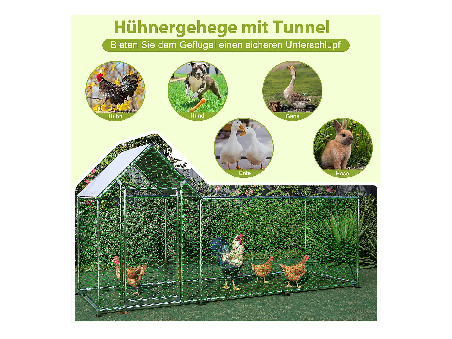 Enclos extérieur volaille, métal, bâche PE étanche, serrure, argenté (300x100x150cm)