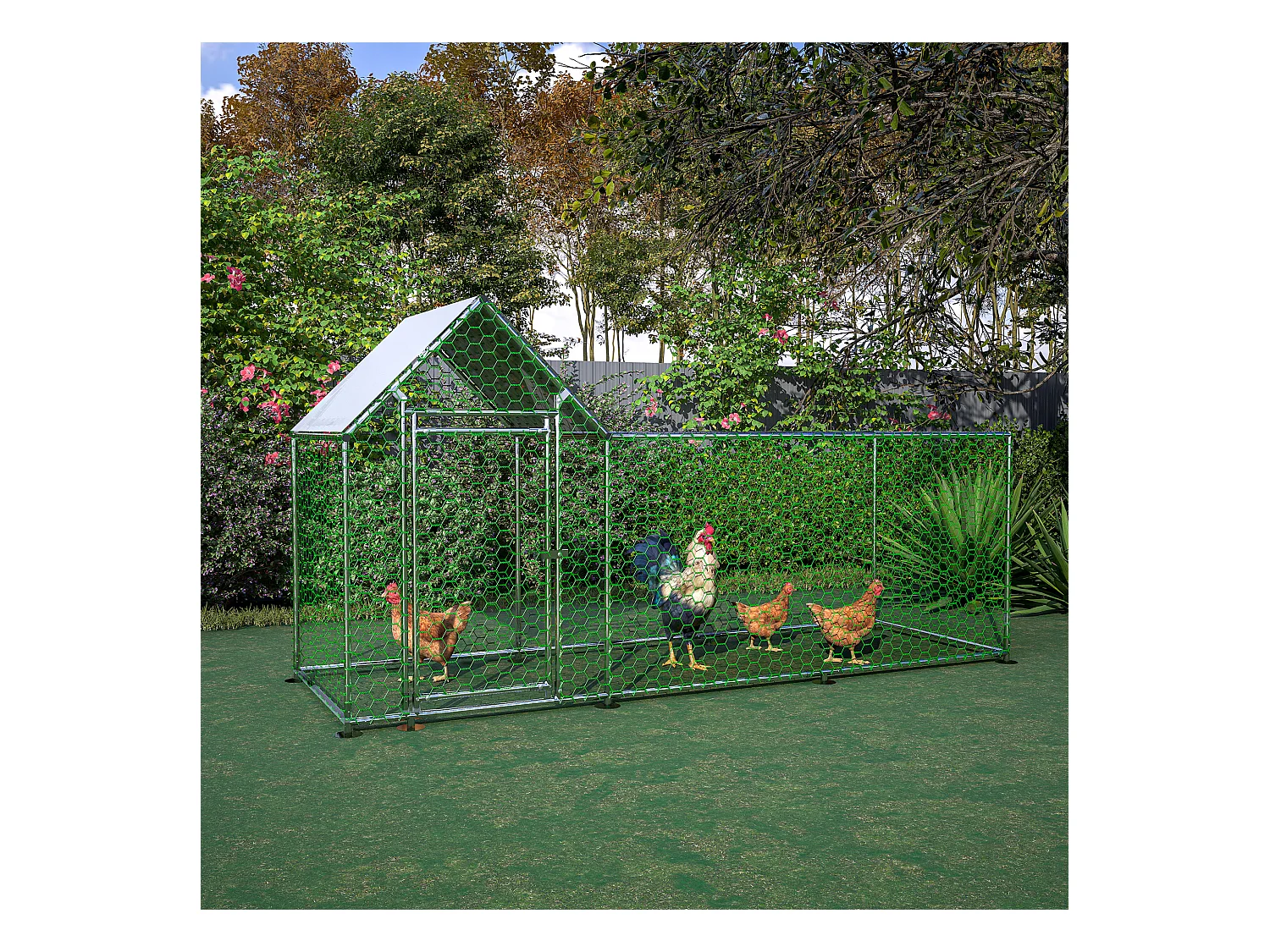 Enclos extérieur volaille, métal, bâche PE étanche, serrure, argenté (300x100x150cm)