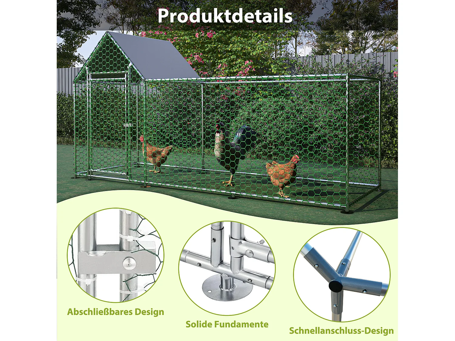 Enclos extérieur volaille, métal, bâche PE étanche, serrure, argenté (300x100x150cm)