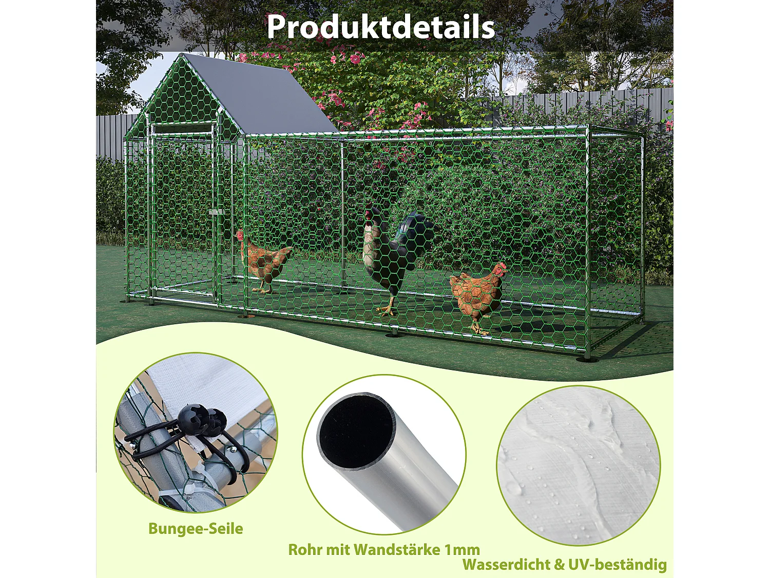 Enclos extérieur volaille, métal, bâche PE étanche, serrure, argenté (300x100x150cm)