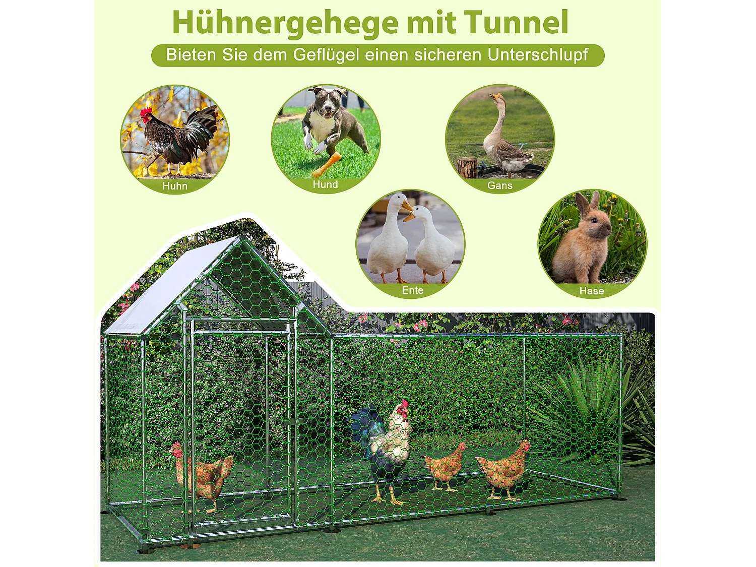 Enclos extérieur volaille, métal, bâche PE étanche, serrure, argenté (300x100x150cm)