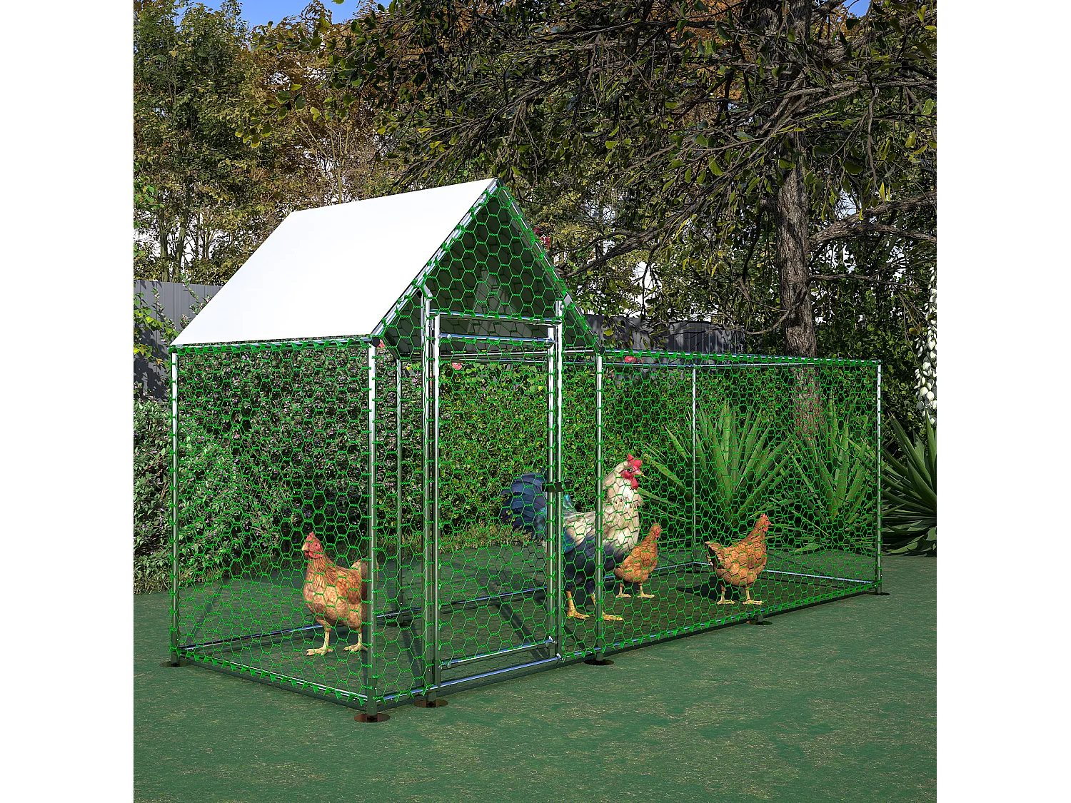 Enclos extérieur volaille, métal, bâche PE étanche, serrure, argenté (300x100x150cm)