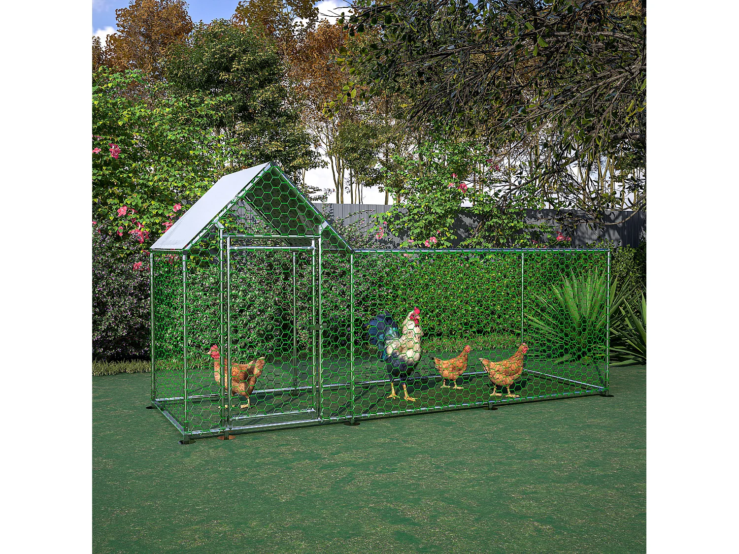 Enclos extérieur volaille, métal, bâche PE étanche, serrure, argenté (300x100x150cm)