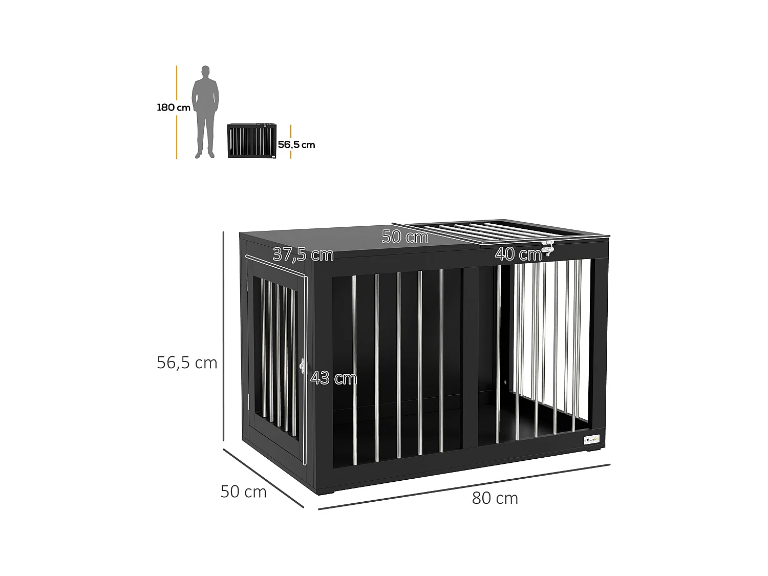 Hondenbench voor binnen, modern design met afsluitbare deuren, MDF en staal, zwart (80x50x56,5 cm)