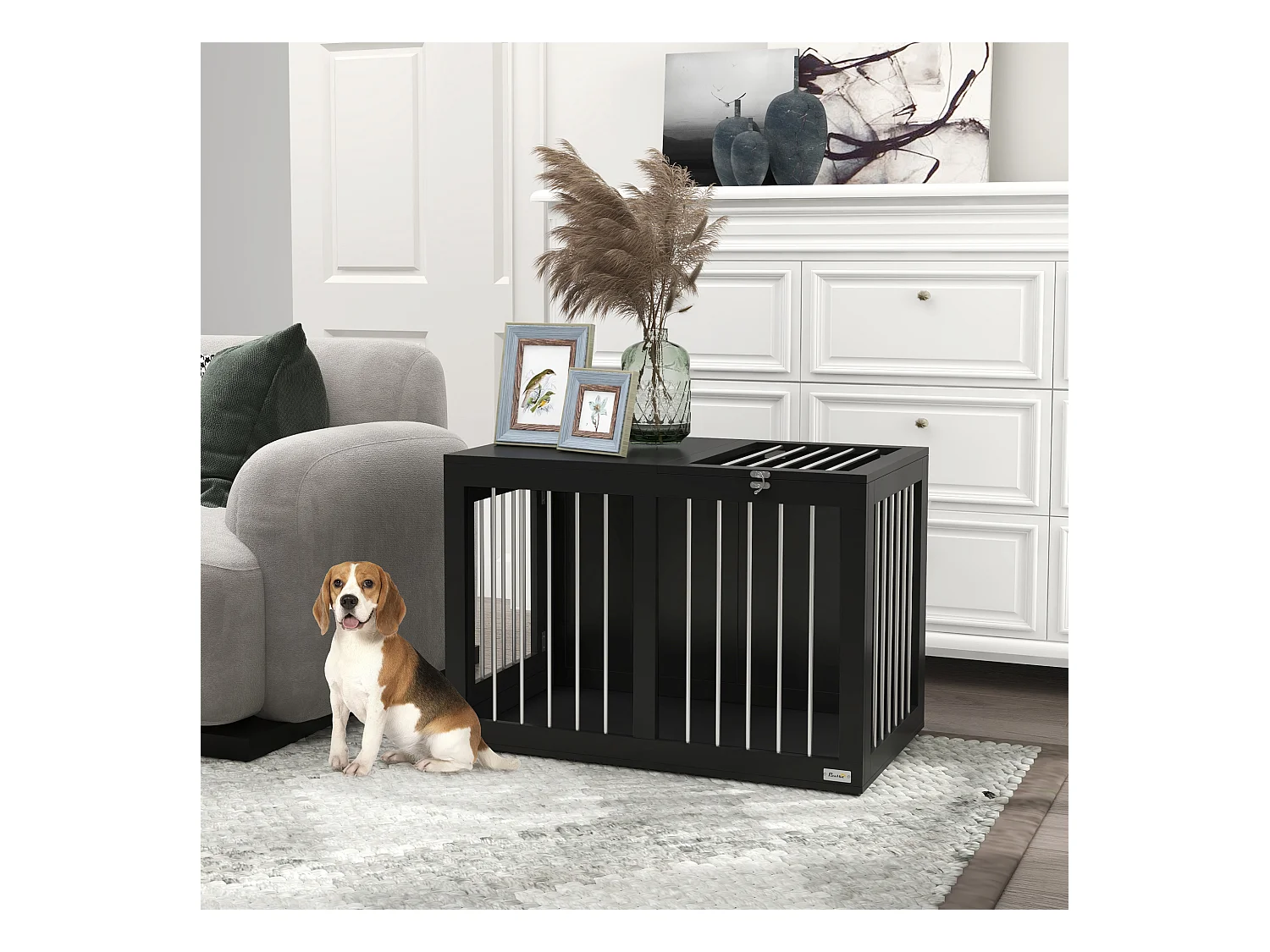 Hondenbench voor binnen, modern design met afsluitbare deuren, MDF en staal, zwart (80x50x56,5 cm)