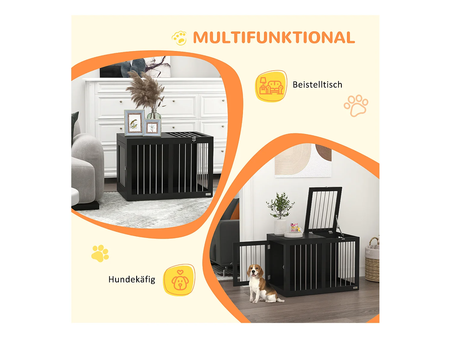 Hondenbench voor binnen, modern design met afsluitbare deuren, MDF en staal, zwart (80x50x56,5 cm)