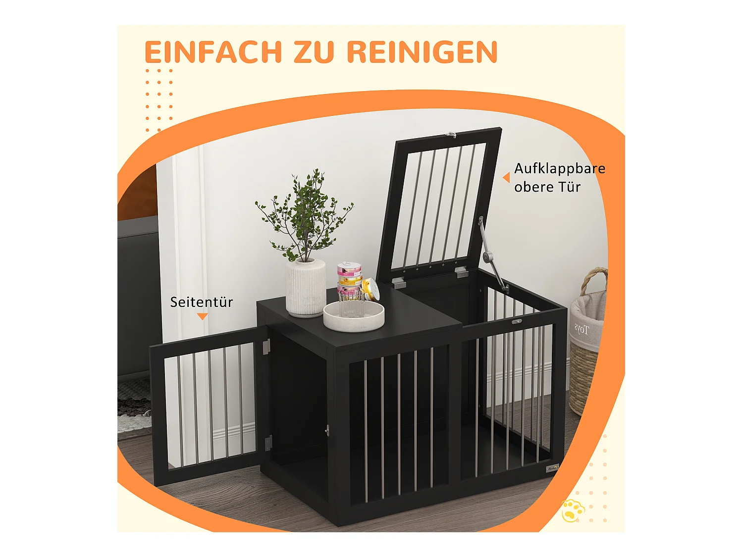 Hondenbench voor binnen, modern design met afsluitbare deuren, MDF en staal, zwart (80x50x56,5 cm)