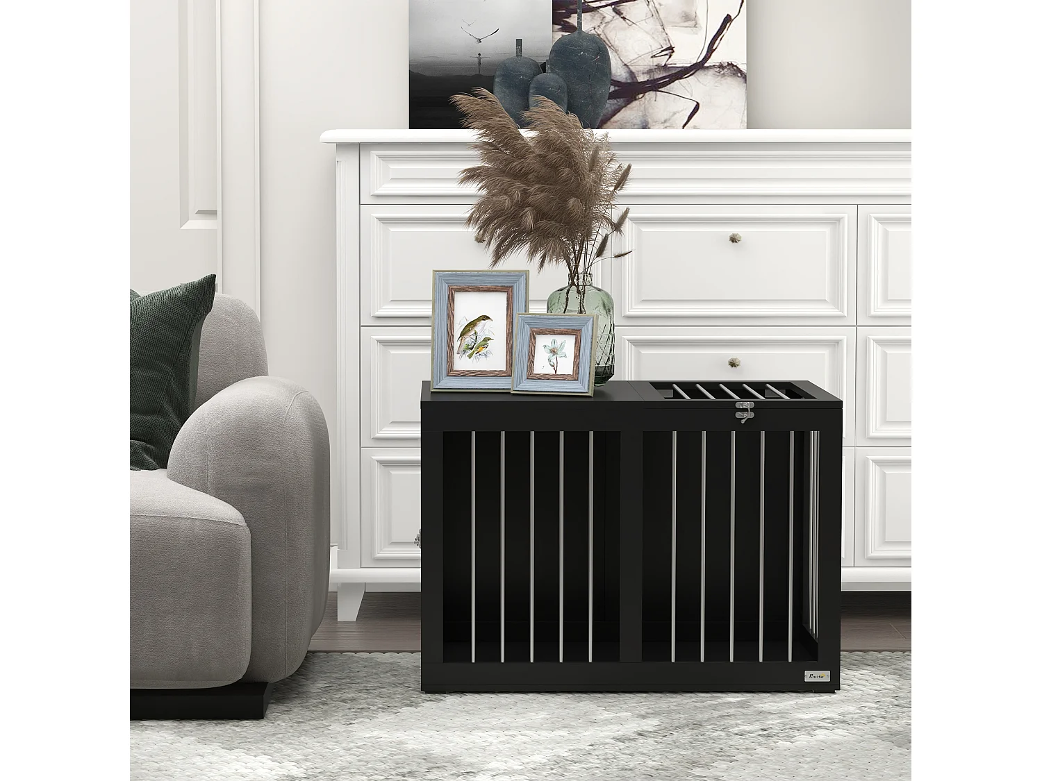 Hondenbench voor binnen, modern design met afsluitbare deuren, MDF en staal, zwart (80x50x56,5 cm)