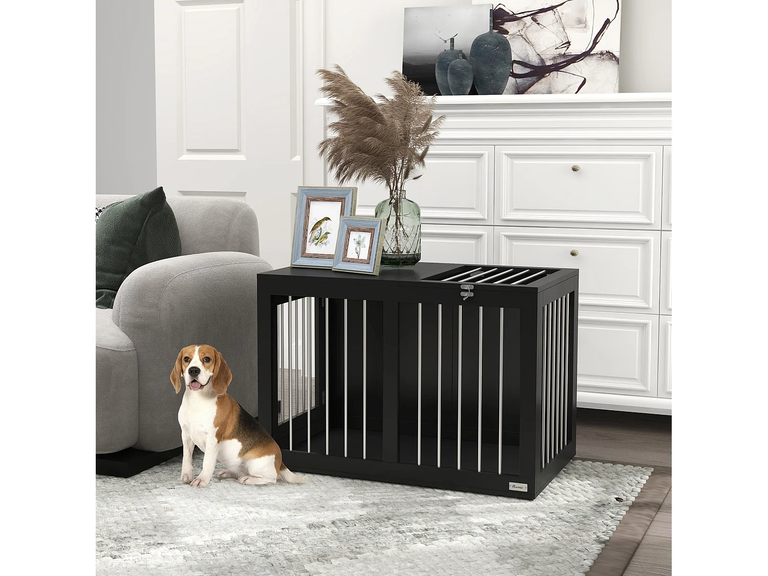 Cage pour chien d'intérieur, design moderne avec portes verrouillables, MDF et acier, noir (80x50x56.5 cm)
