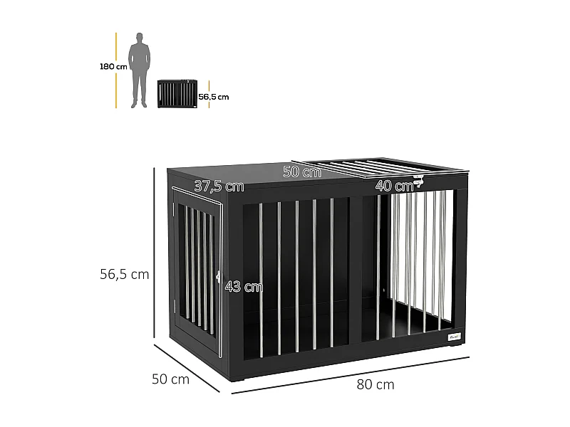Transportín para perros de interior, diseño moderno con puertas con cerradura, MDF y acero, color negro (80x50x56,5 cm)