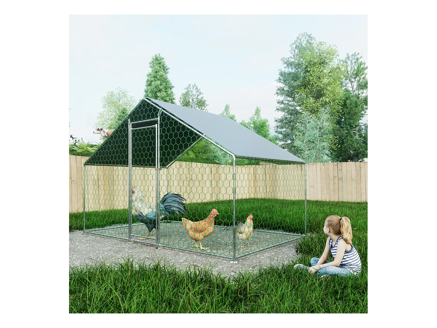 Enclos extérieur volailles/animaux, métal, toiture PE imperméable, serrure, argenté (300x200x200cm)