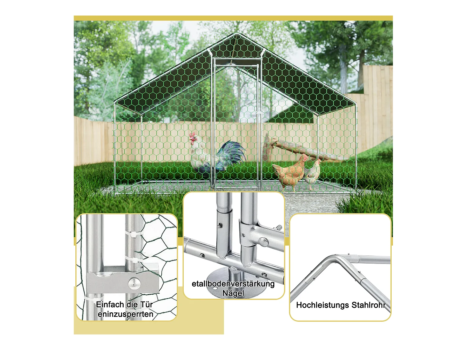 Enclos extérieur volailles/animaux, métal, toiture PE imperméable, serrure, argenté (300x200x200cm)