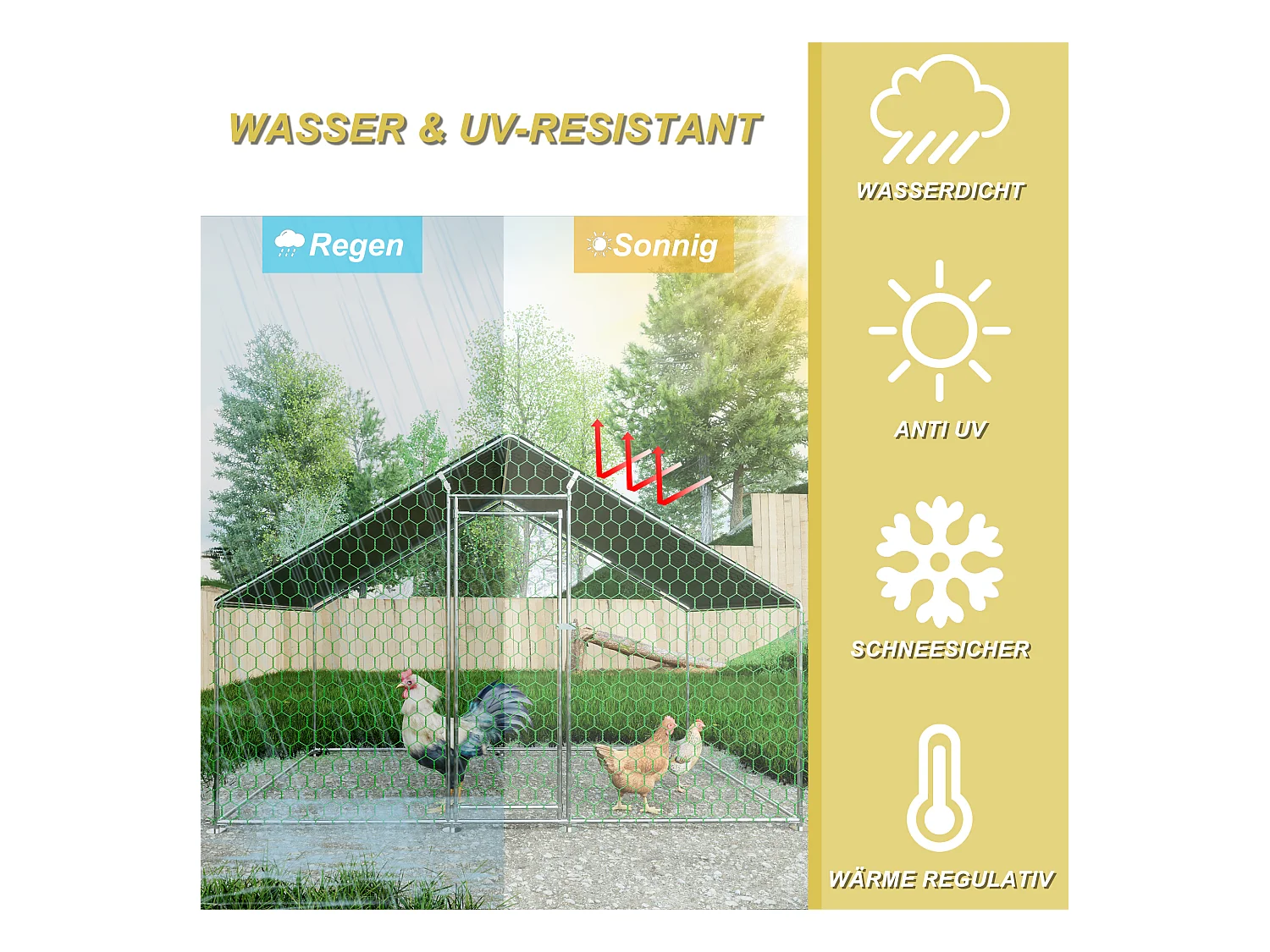 Enclos extérieur volailles/animaux, métal, toiture PE imperméable, serrure, argenté (300x200x200cm)