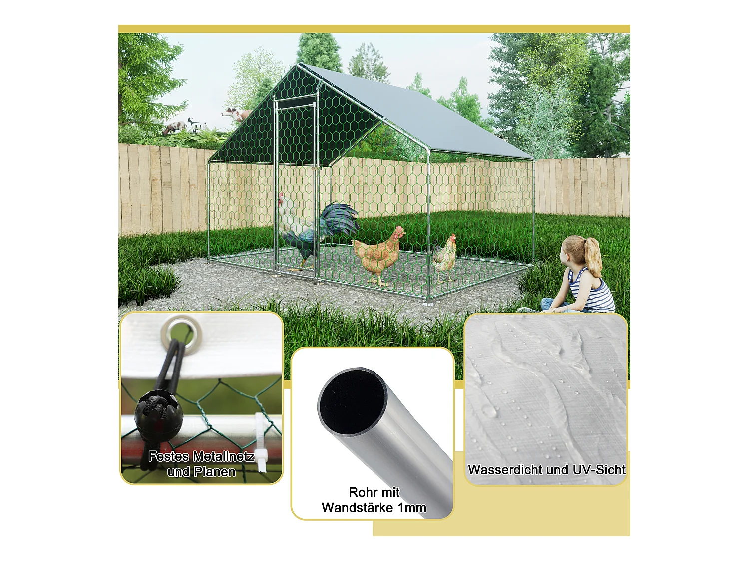 Enclos extérieur volailles/animaux, métal, toiture PE imperméable, serrure, argenté (300x200x200cm)