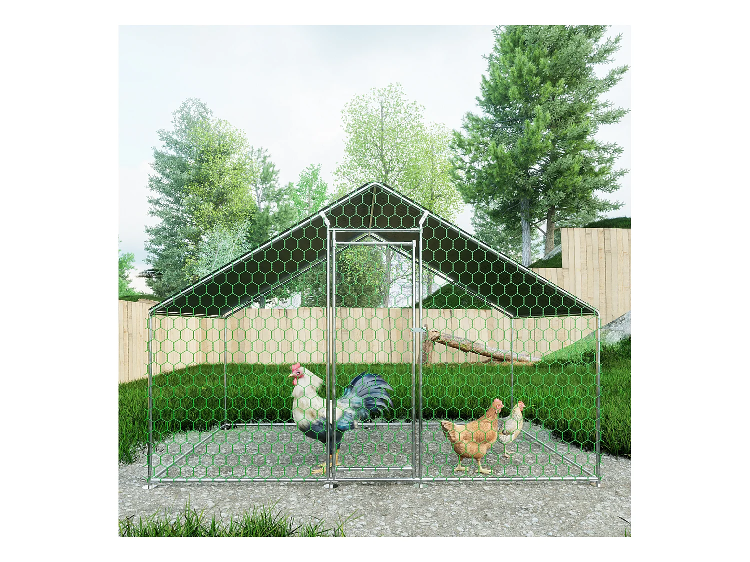 Enclos extérieur volailles/animaux, métal, toiture PE imperméable, serrure, argenté (300x200x200cm)