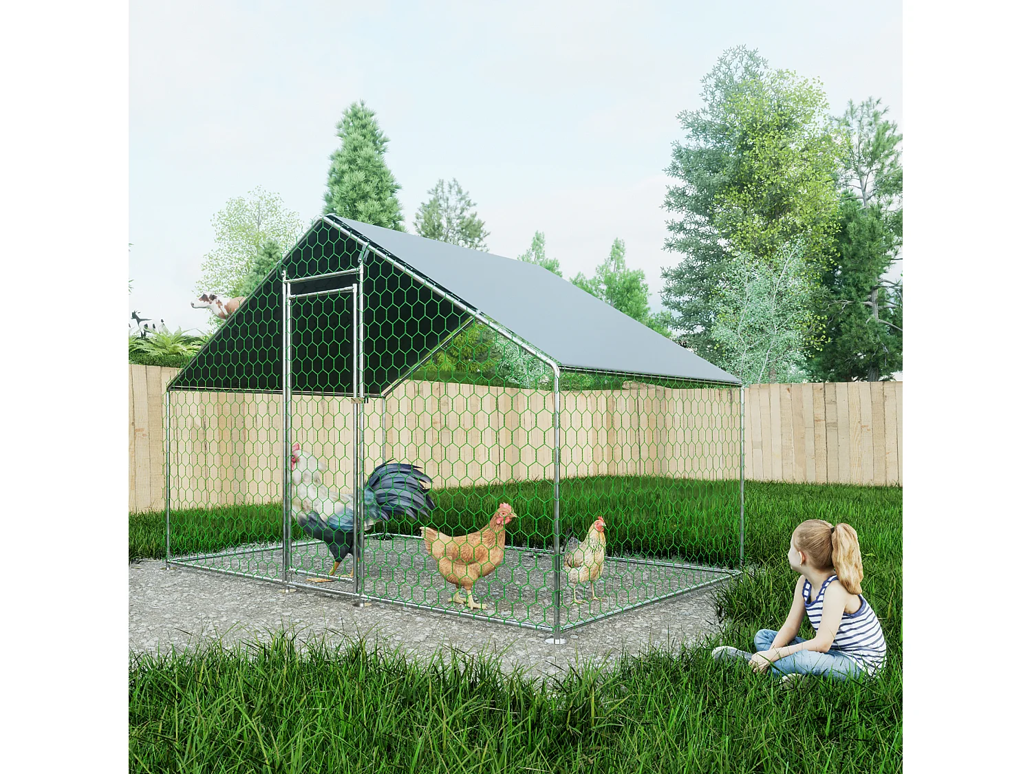 Enclos extérieur volailles/animaux, métal, toiture PE imperméable, serrure, argenté (300x200x200cm)