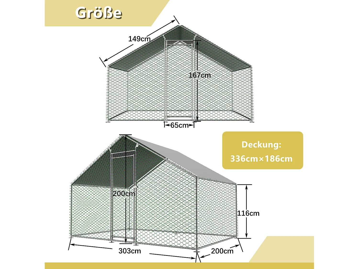 Enclos extérieur volailles/animaux, métal, toiture PE imperméable, serrure, argenté (300x200x200cm)