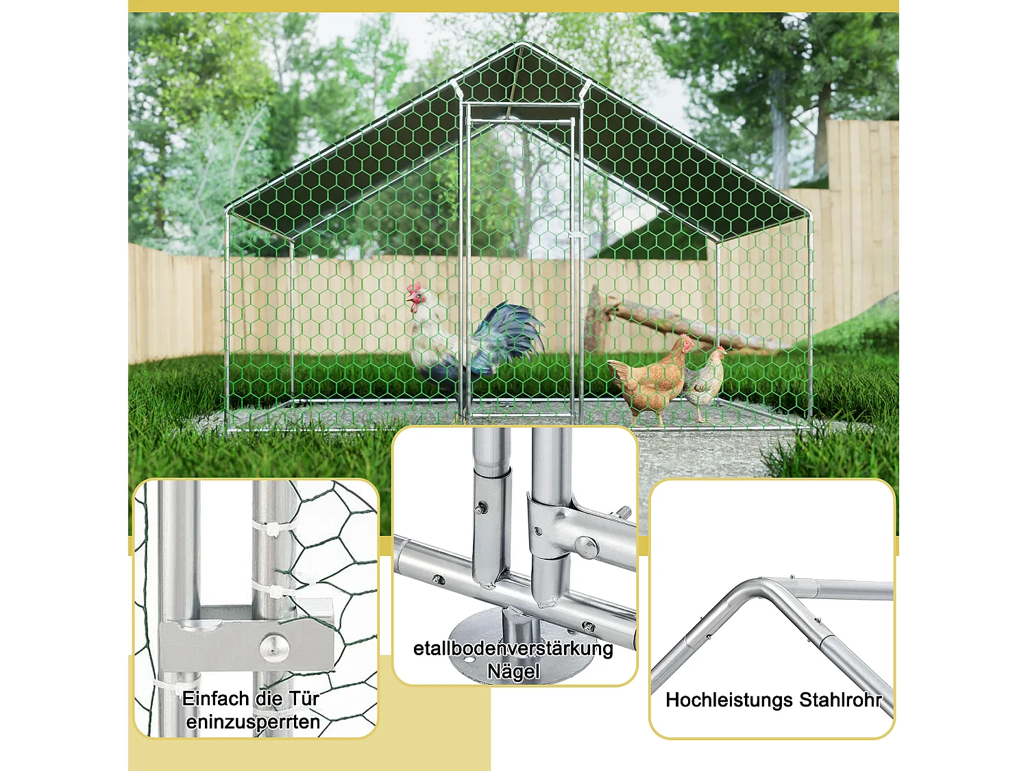 Enclos extérieur volailles/animaux, métal, toiture PE imperméable, serrure, argenté (300x200x200cm)