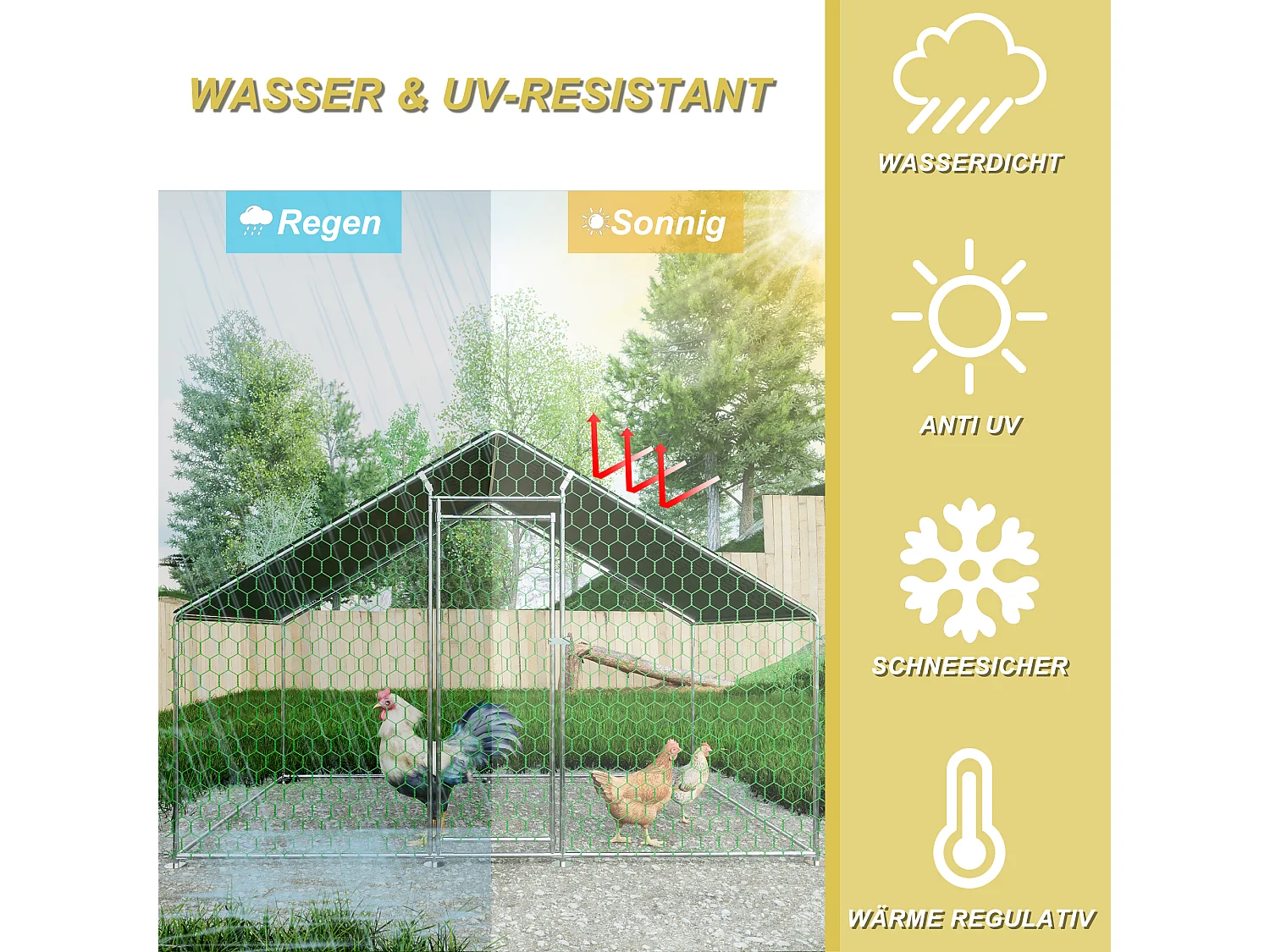 Enclos extérieur volailles/animaux, métal, toiture PE imperméable, serrure, argenté (300x200x200cm)