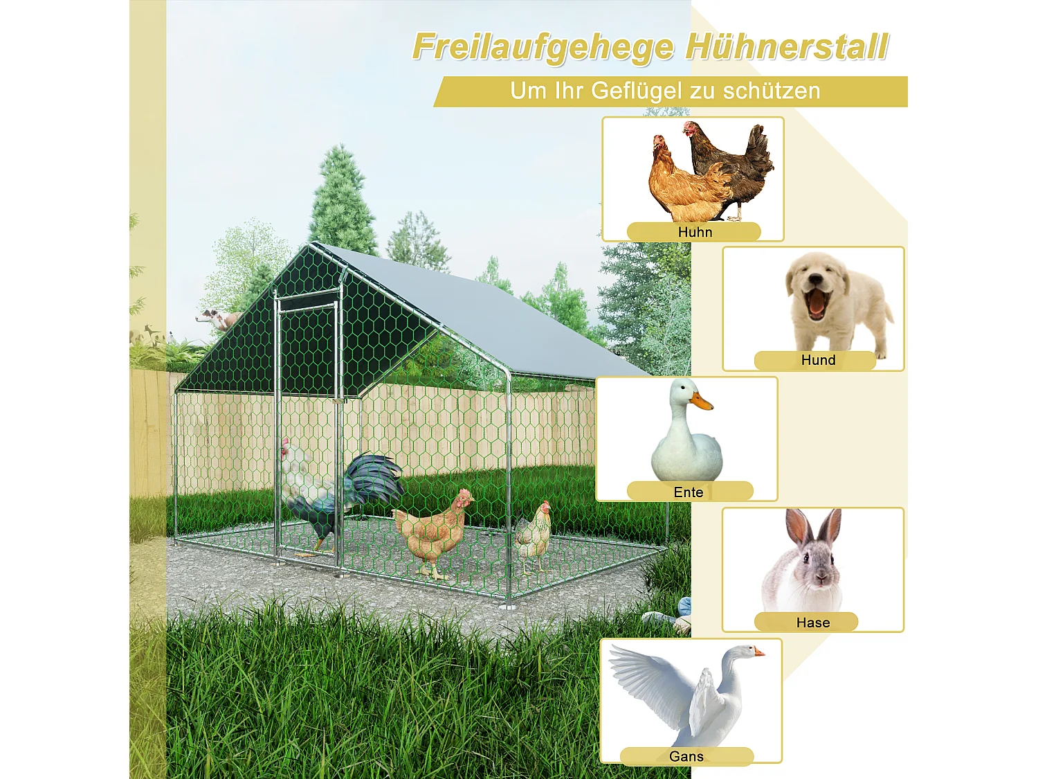 Enclos extérieur volailles/animaux, métal, toiture PE imperméable, serrure, argenté (300x200x200cm)