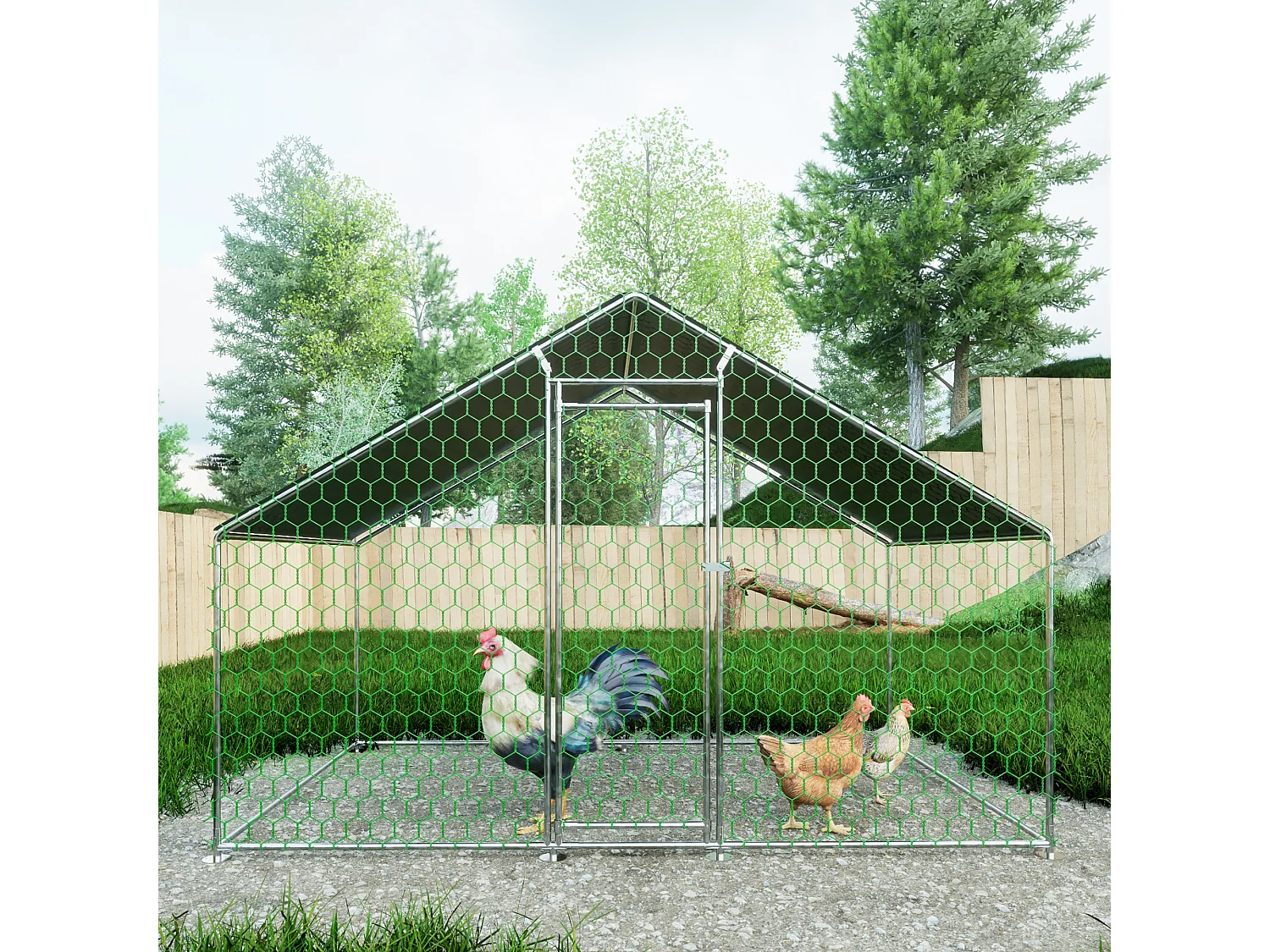 Enclos extérieur volailles/animaux, métal, toiture PE imperméable, serrure, argenté (300x200x200cm)